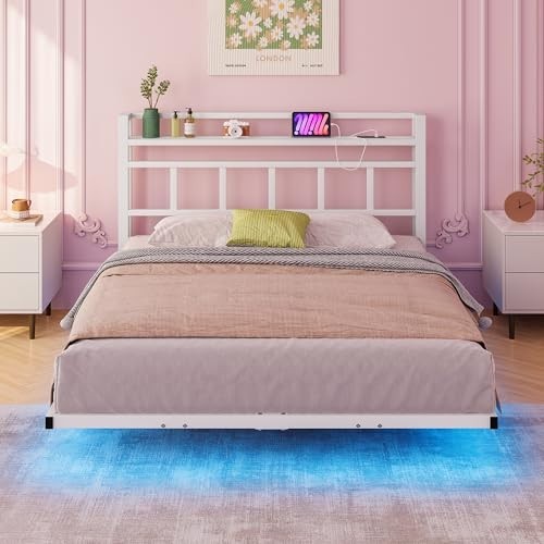King metal floating bed - king,