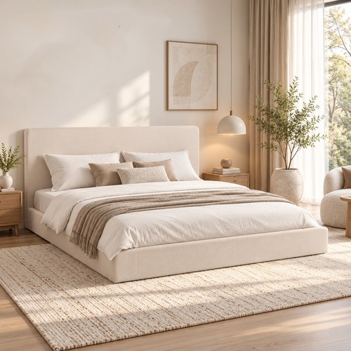 Linen king bed frame - bed, with