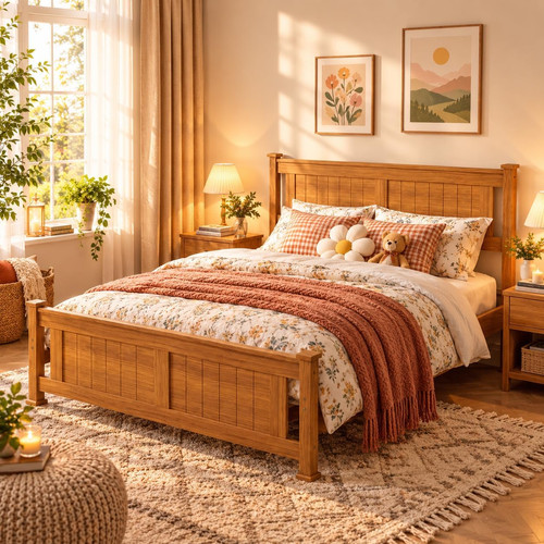Solid pine wooden double bed - solid,