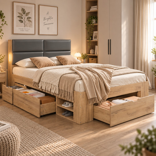 Wooden storage bed 4ft6 - wooden, bed,